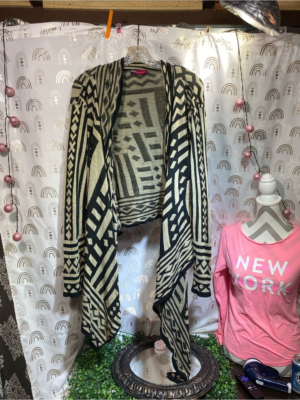 Say What? Black & Cream Geometric Open-Front Cardigan